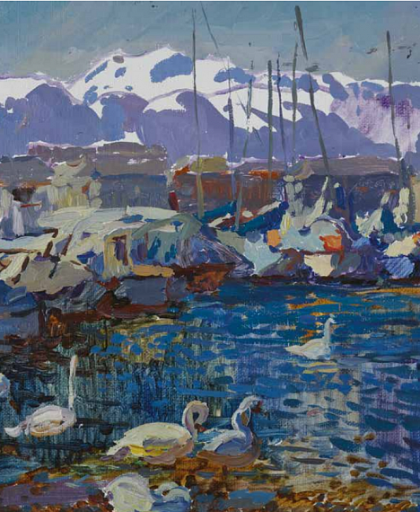 Жигалова Светлана.  Женевское озеро. Лебеди Холст, масло. 2013
